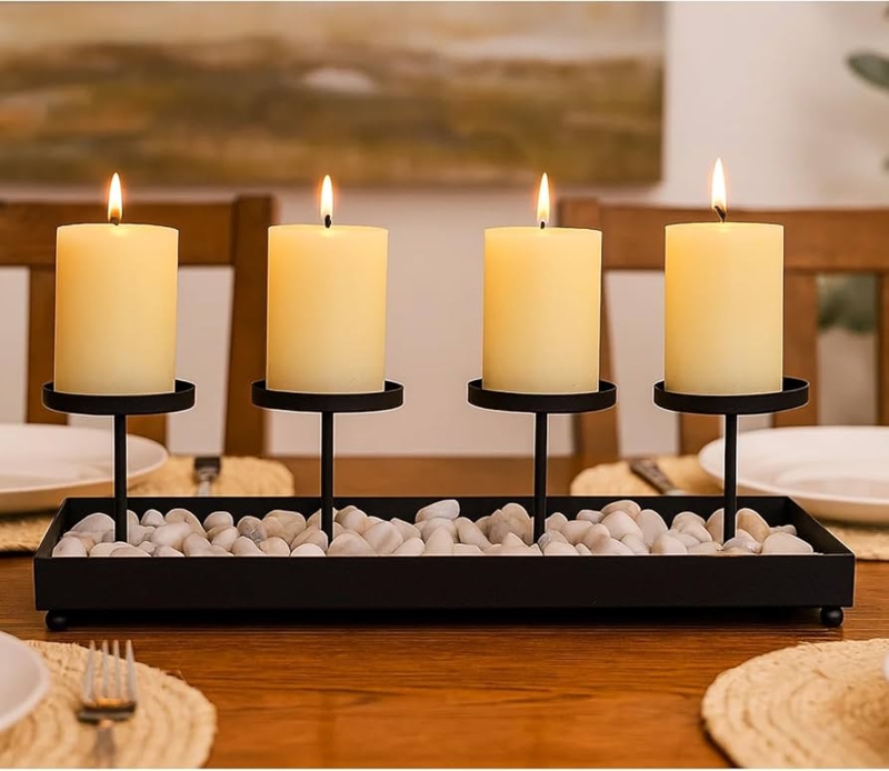 Candelabra, Black Iron 4-Pillar Centerpiece, Matte Finish
