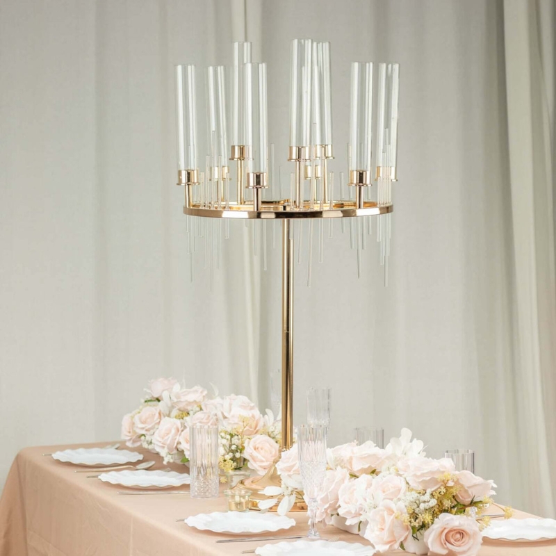 Candelabra Centerpiece, Metallic Nine-Arm Cluster with Glass Shades.