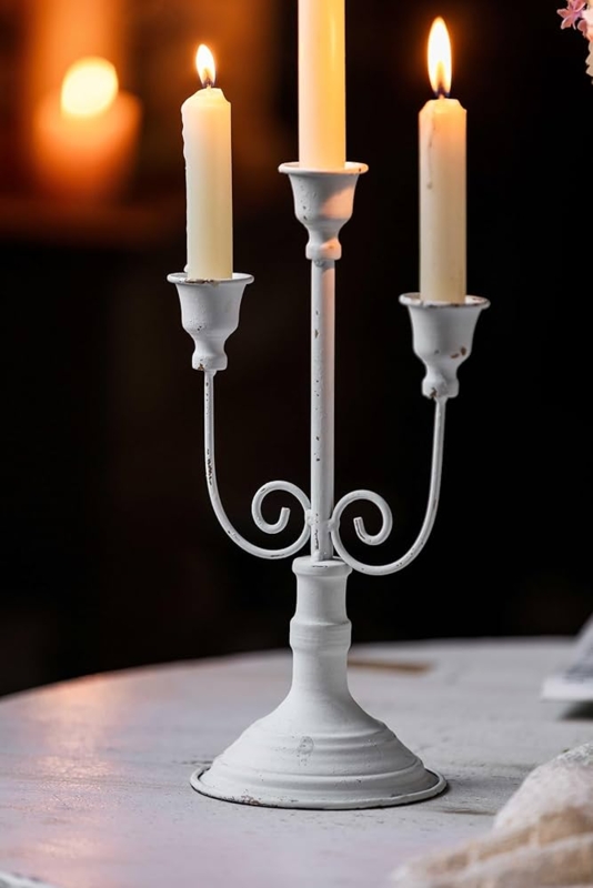 Candelabra Distressed White Scrolled Arm Antique