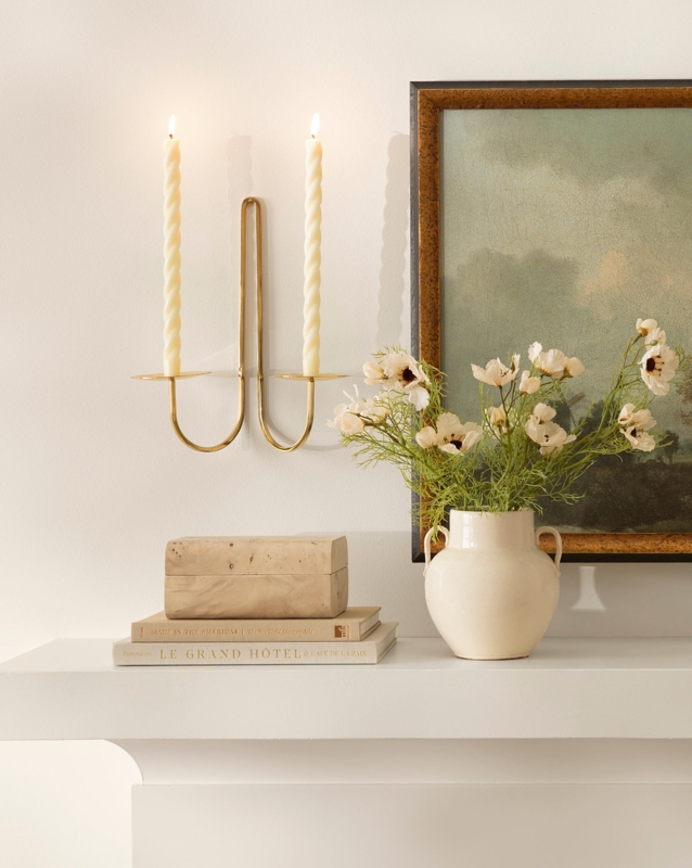 Candelabra featuring Two-Arm Design, Curved Silhouette in Antique Brass.