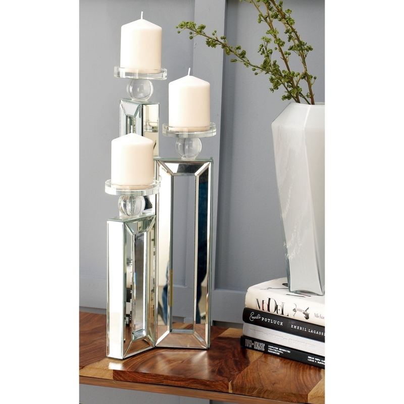 Candelabra Mirrored Mosaic Base Three Tiered Glam Modern Centerpiece