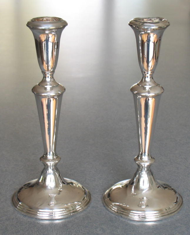 Candelabra Pair Polished Metal Stepped Base Modernist Mid Century Decor