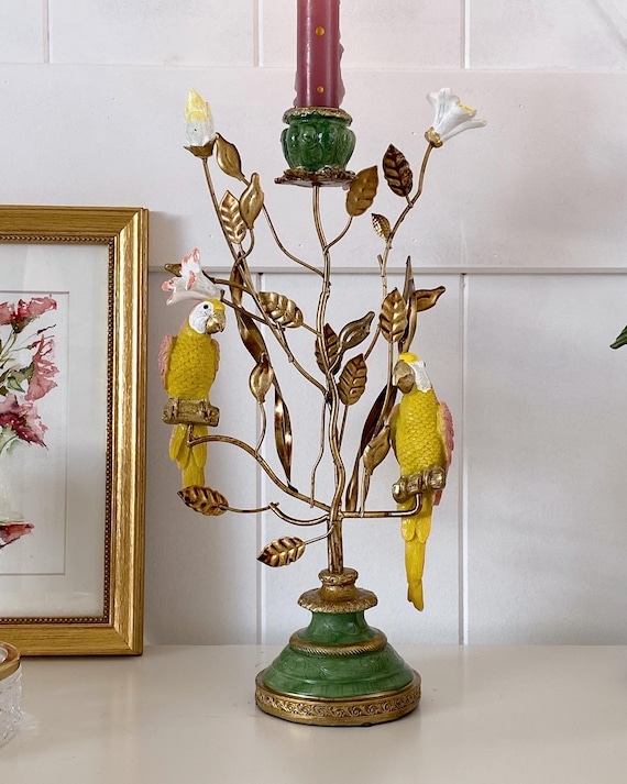Candelabra Parrot Figure Floral Scrollwork Polished Antique Gold