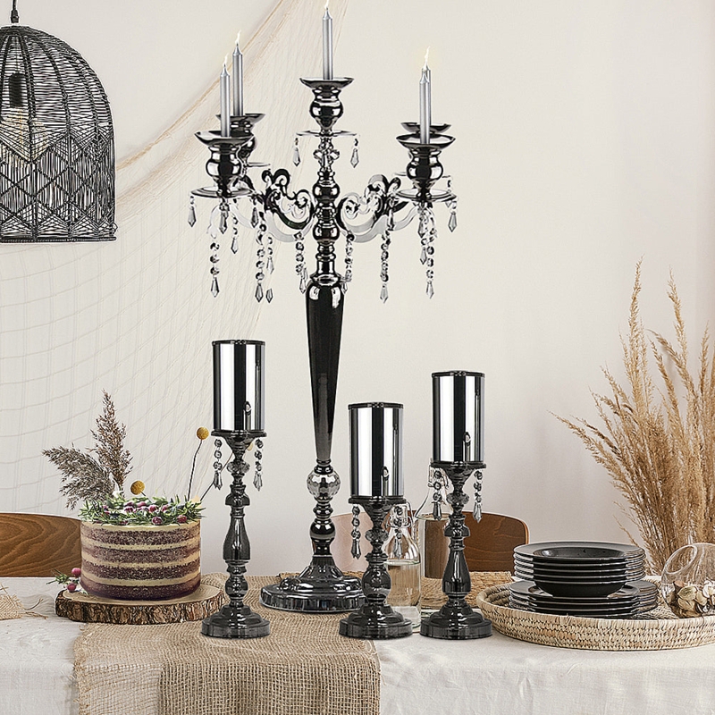 Candelabra Pearlized Black with Crystal Beads Glam