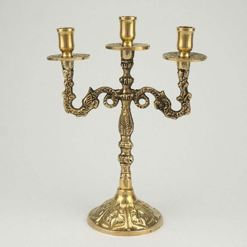 Candelabra Three Candle Polished Gold Byzantine Style