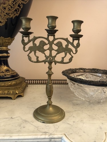 Candelabra Three Tiered with Ornate Pedestal Base Aged Brass