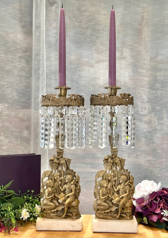 Candelabra Victorian Girandole with Hanging Prisms Figural Base