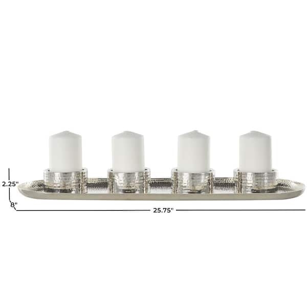 Candelabra With Attached Tray, Polished Silver Sleek Linear Design.