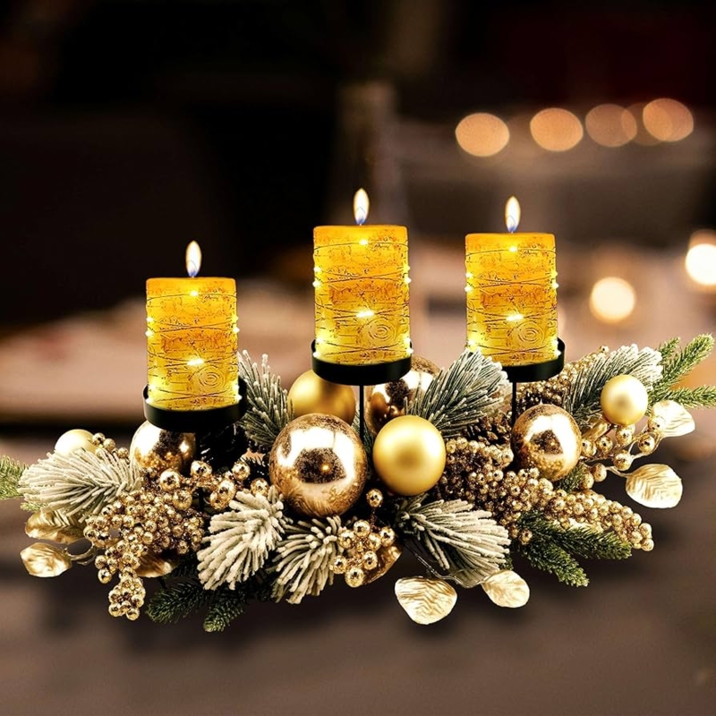 Candelabrum Triple Tray Snowy Flocked Pine Gold Bauble Accents