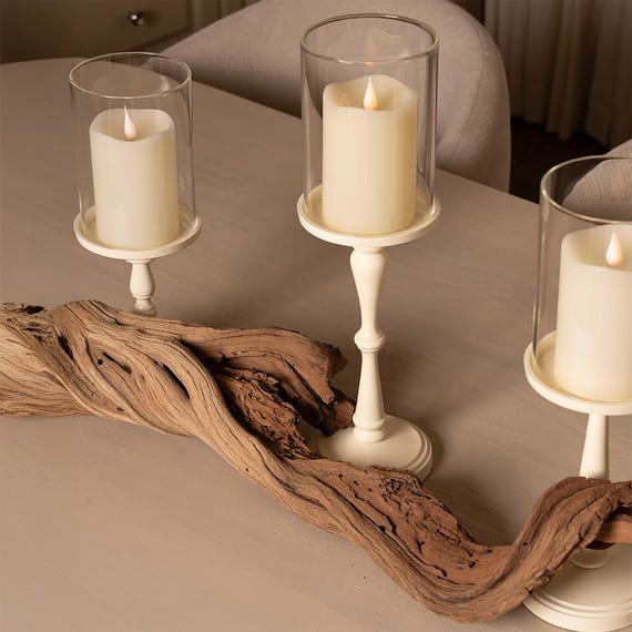 Candle Centerpiece, Weathered Driftwood Branch, Horizontal Profile.