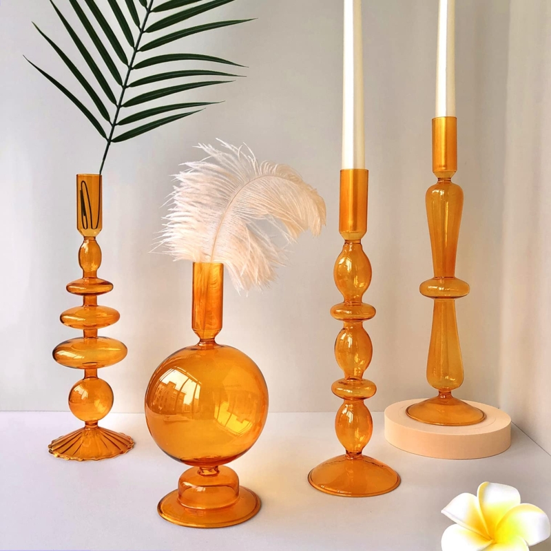 Candle Holder Amber Glass Varied Geometric Shapes Set of Four