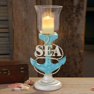 Candle Holder Anchor Silhouette Wood Rope Blue Starfish Accent