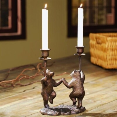 Candle Holder Antique Bronze Figural with Standing Bear Motif