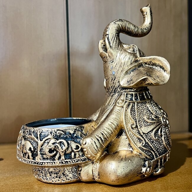 Candle Holder Antique Copper Finish Elephant Sculpture Raised Trunk Boho