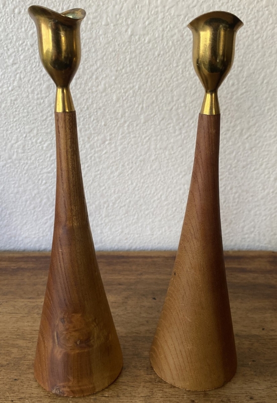 Candle Holder Asymmetric Pair Dark Wood Bronze Toned Metal Insert MCM