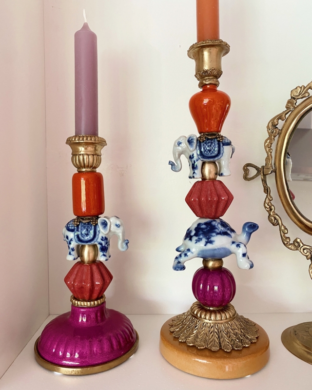 Candle Holder Blue and White Ceramic Elephant Brass Accents Chinoiserie