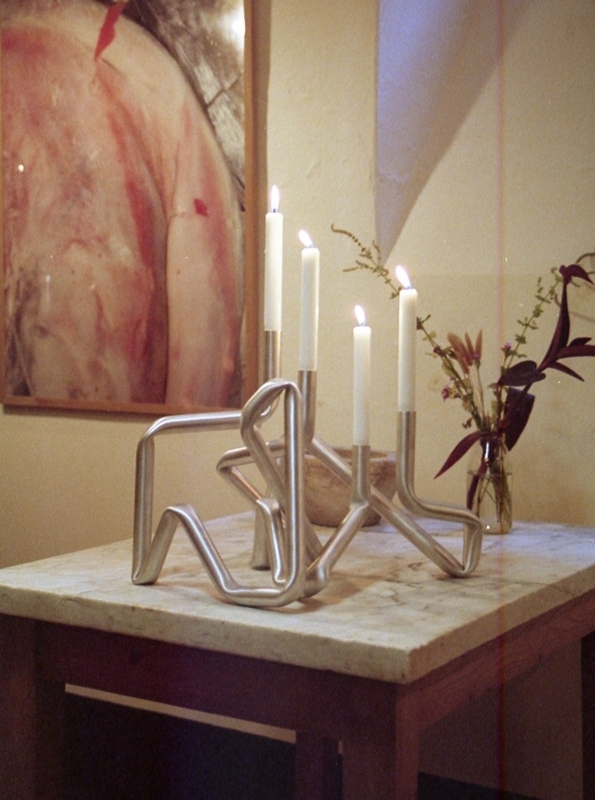 Candle Holder Brushed Aluminum Loop Design, Sculptural Contemporary