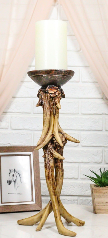 Candle Holder Cabin Style Taper with Entwined Antler Motif and Dual Slots