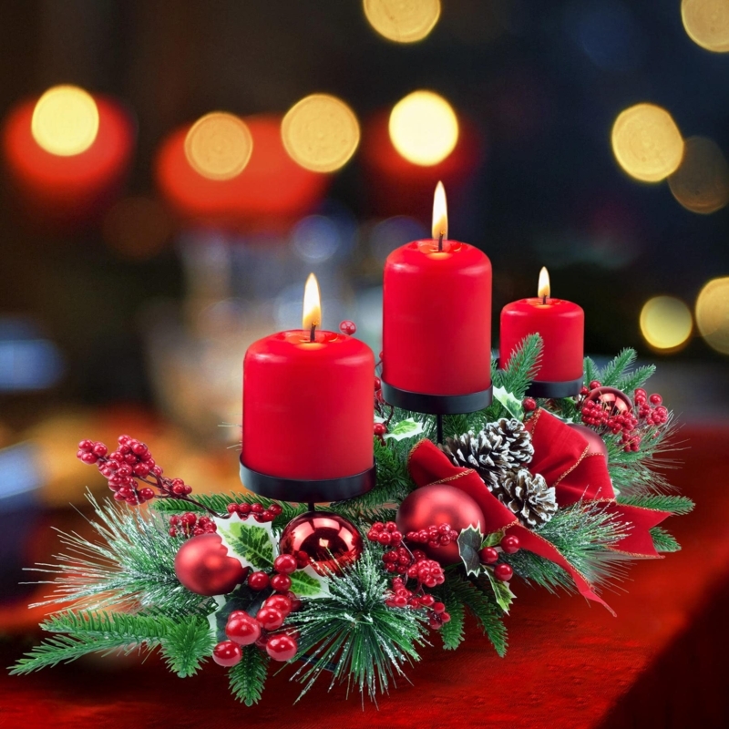 Candle Holder Candelabrum, Triple Tray Faux Evergreen 28 Inch.