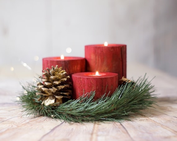Candle Holder Centerpiece, Red Barn Box Wood Slice Base.