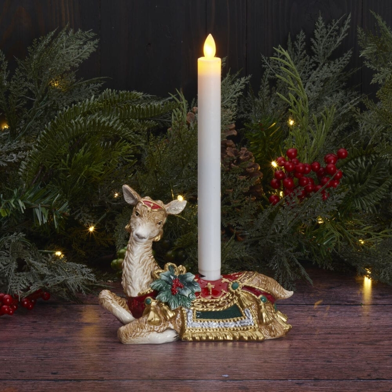 Candle Holder Ceramic Resting Reindeer Gold Antlers Holly Motif