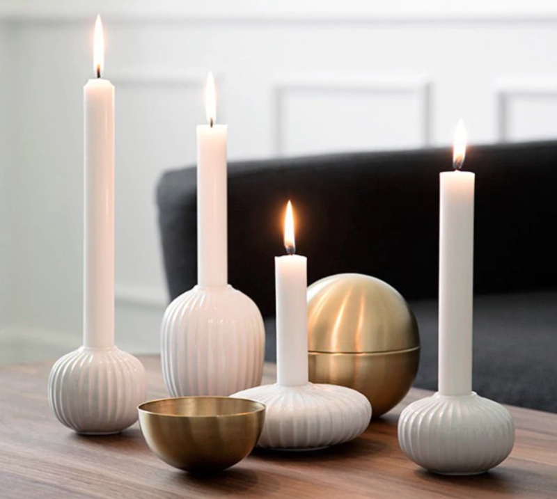 Candle Holder Ceramic White Ribbed Bulbous Minimalist