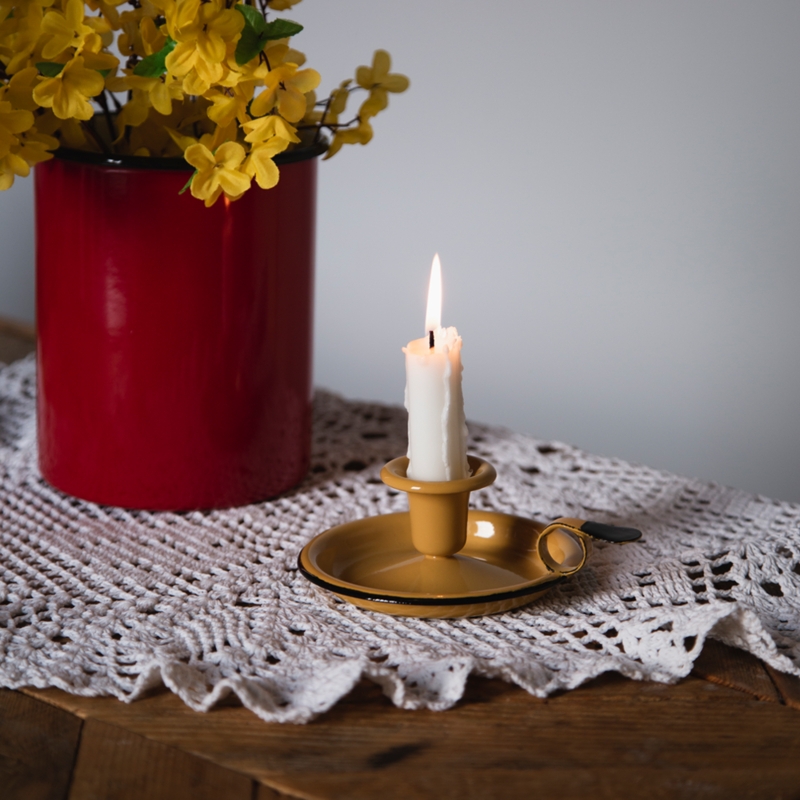 Candle Holder Chamberstick Apricot Enamel Coating Loop Handle Glossy