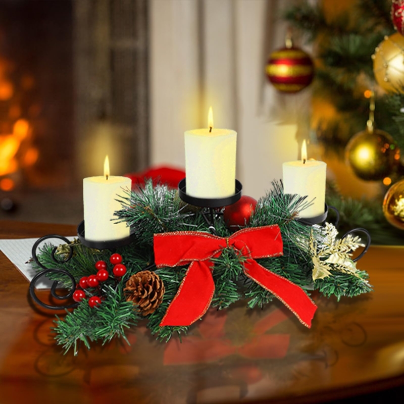 Candle Holder Christmas Centerpiece Buffalo Plaid Poinsettia Trio