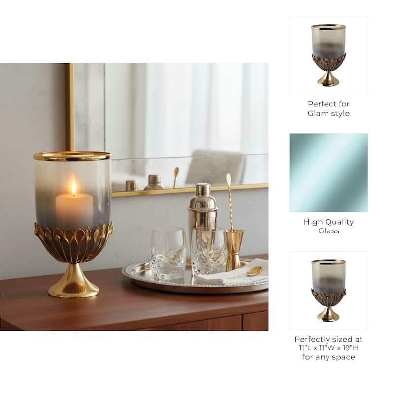 Candle Holder: Contemporary Gold Geometric Grid Frame Hurricane Pedestal