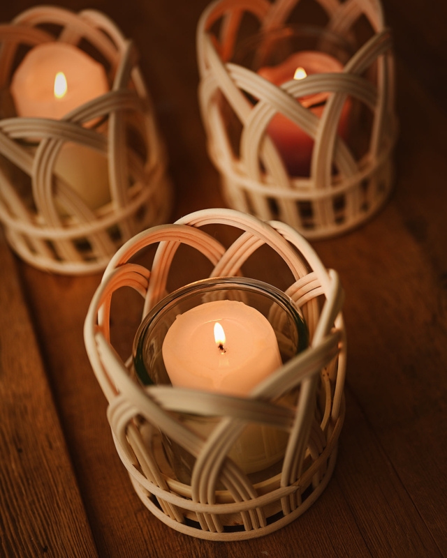 Candle Holder Cream Stone Like Woven Cord Wrap Loop Handles Boho