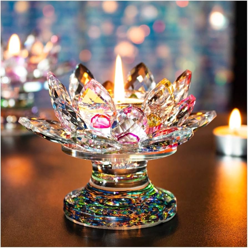 Candle Holder Crystal Lotus Flower Multi-Colored Petal Tips Gold Base