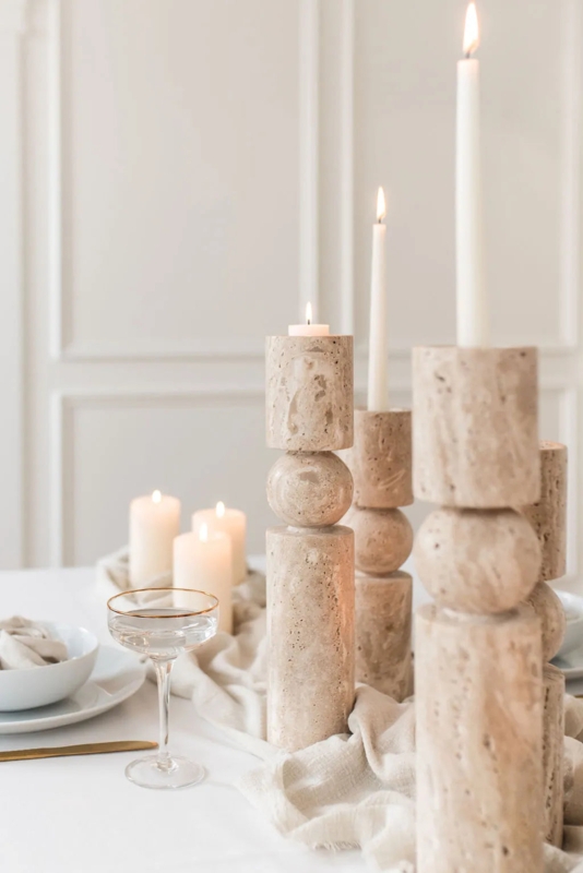 Candle Holder, Cubic Silhouette, Travertine Cube Home Decor