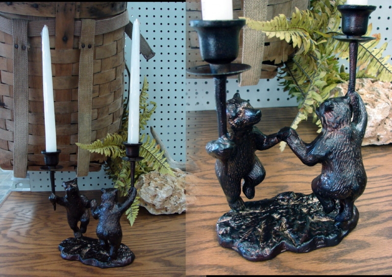 Candle Holder Dancing Bear Mantel Decoration on Tree Stump Design