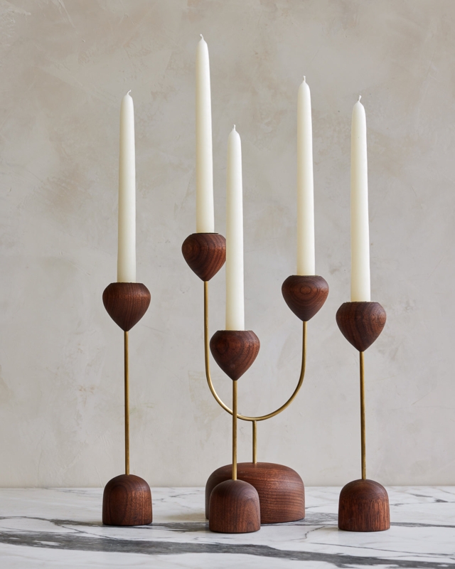 Candle Holder Dark Walnut Tulip Shape Brass Inlay, Sculptural Wood Accent