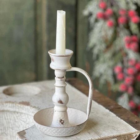 Candle Holder Distressed Cream Spindle Silhouette with Tiered Base