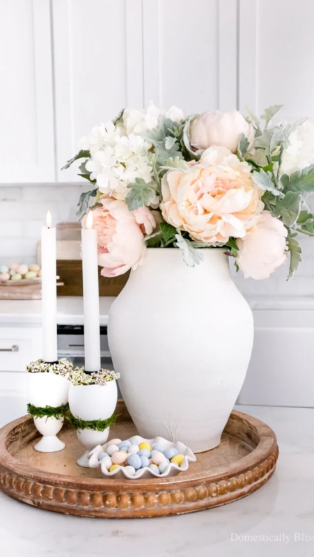 Candle Holder DIY Eggcup Style on Beaded Wood Tray with Peach Peonies