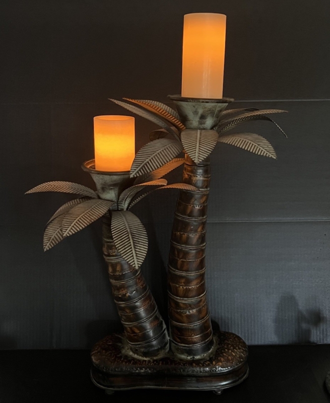 Candle Holder Double Stem Palm Tree Motif Antique Bronze