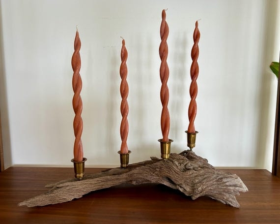Candle Holder Driftwood Taper Centerpiece with Brass Accents and Natural Form