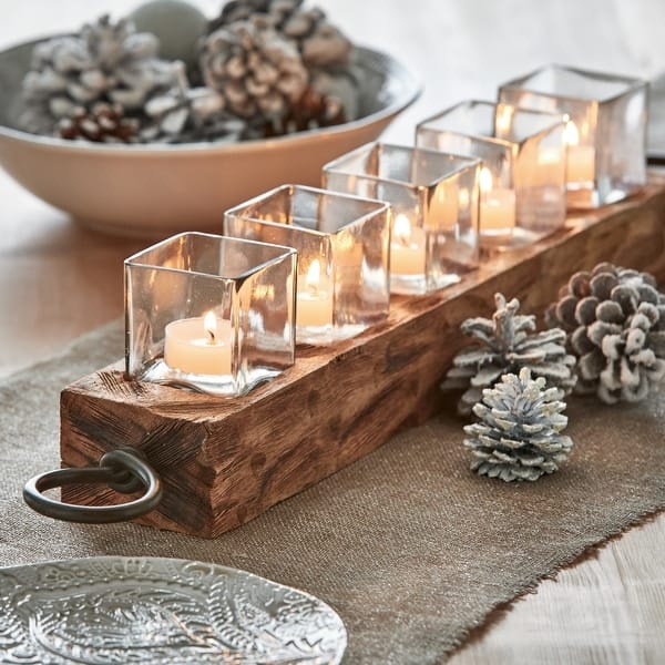 Candle Holder Five Slot Distressed Wood Tray Glass Cups Farmhouse Style