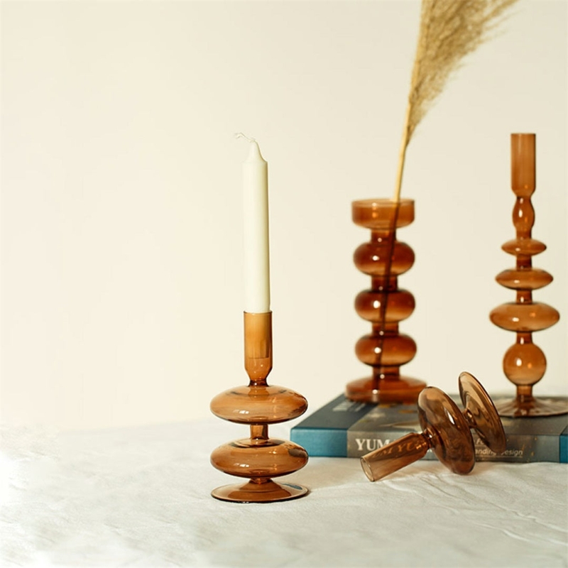 Candle Holder Geometric Block Form Jewel Toned Glass Stacked Levels
