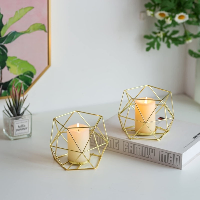 Candle Holder Geometric Wireframe Votive Set with Glass