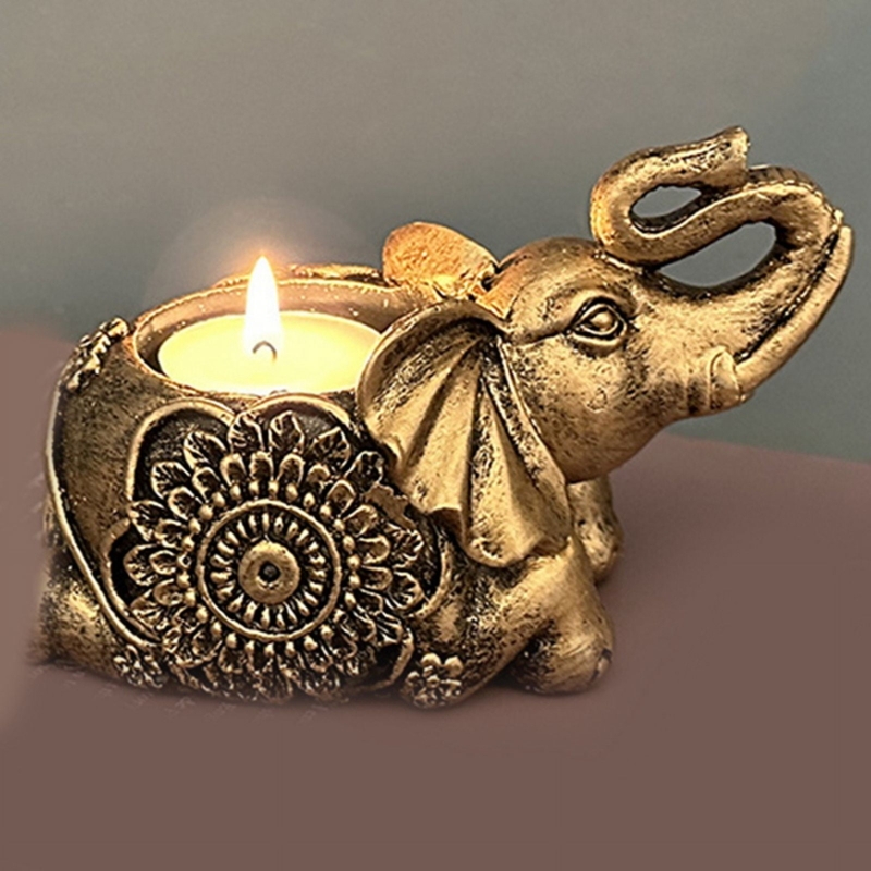Candle Holder Gold Elephant Form Upward Trunk Lucky Figurine