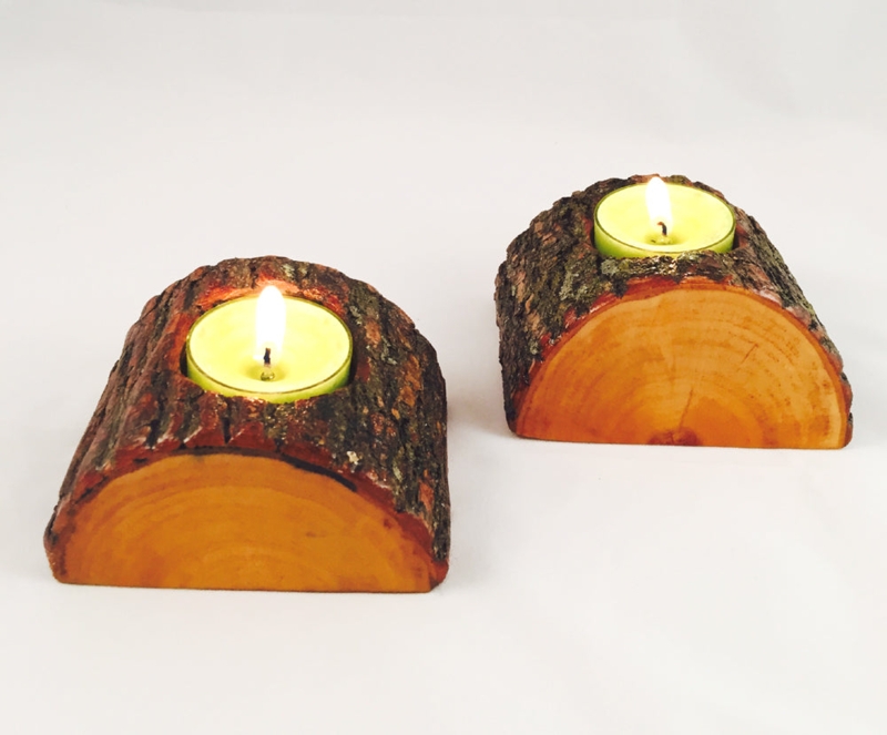 Candle Holder Half Log Silhouette Bark On Wood Rustic Scandinavian