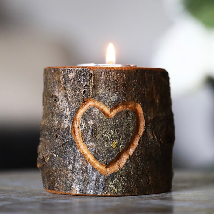 Candle Holder Hand Carved Heart Shape Bark Edge Log Slice Tea Light