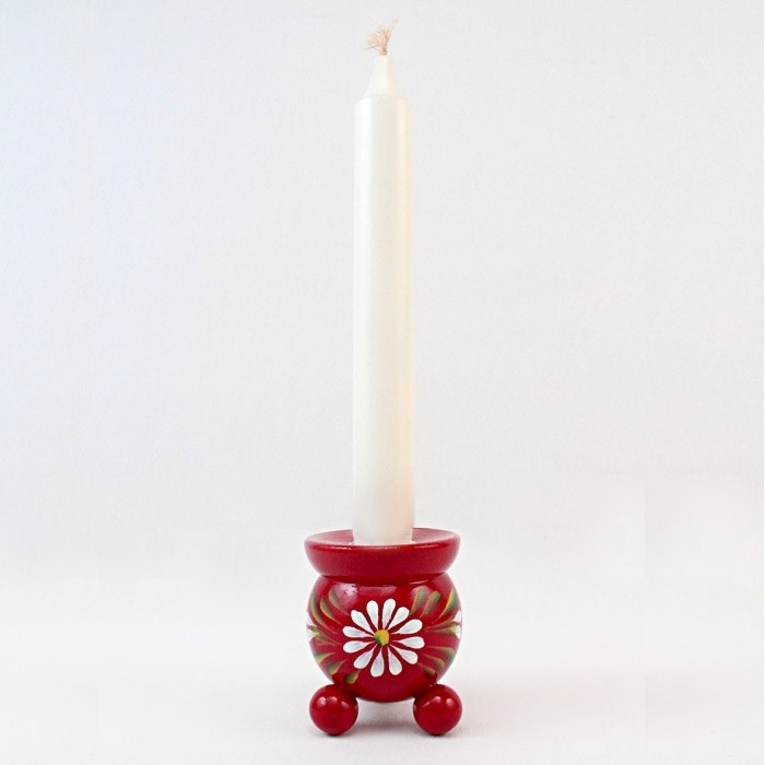 Candle Holder Hand Painted Barrel Red Daisy Folk Art