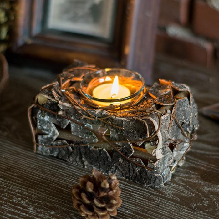 Candle Holder Handcrafted Appearance Natural Bark Texture Rustic Set
