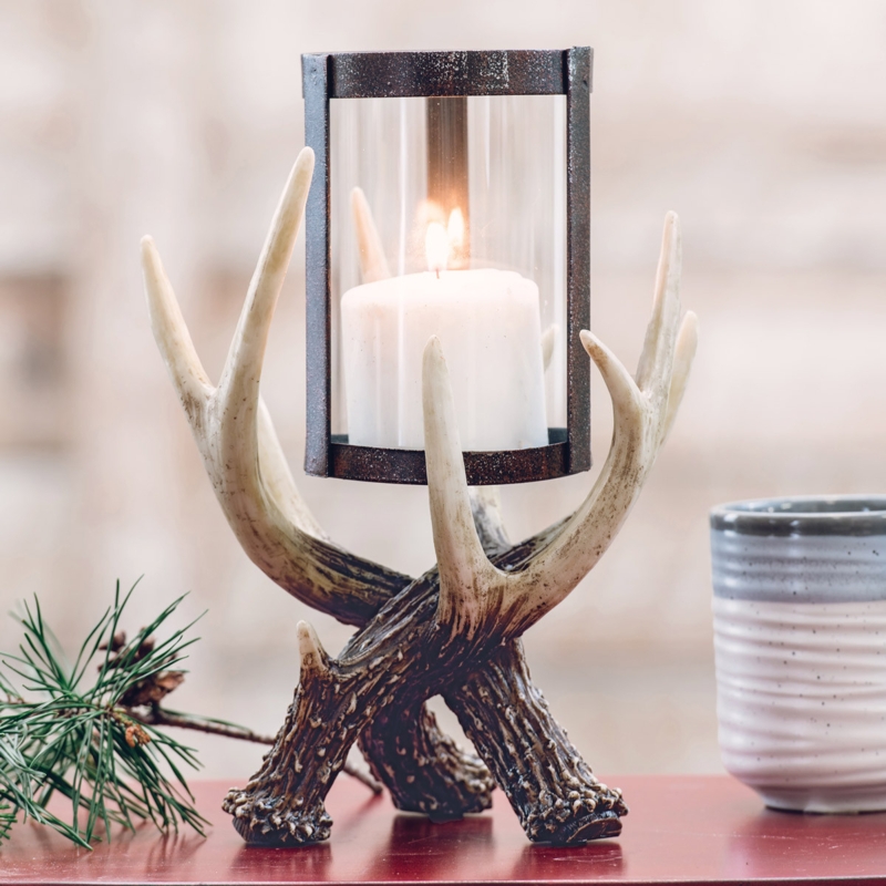 Candle Holder Hurricane Glass with Rustic Antler Motif Base