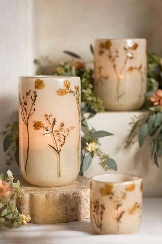 Candle Holder in Clear Glass with Embedded Pressed Floral Foliage