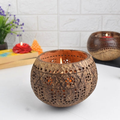 Candle Holder Intricate Hand Carvings Coconut Shell Spherical Form