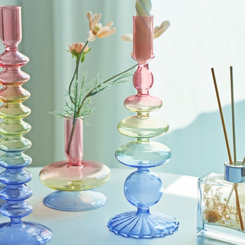 Candle Holder Iridescent Stacked Bubble Rainbow Glass Candlestick